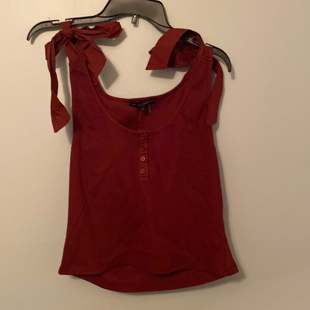 NEW ENGLISH FACTORY Mixed Media Shoulder Tie Rib Henley Tank - Burgundy